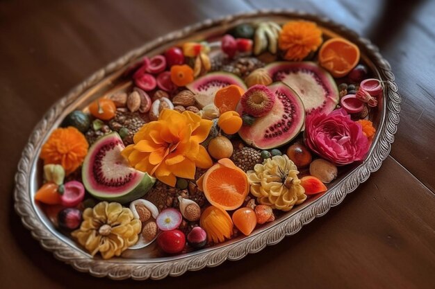 Foto una bandeja antigua con frutas exóticas en rebanadas ia generativa