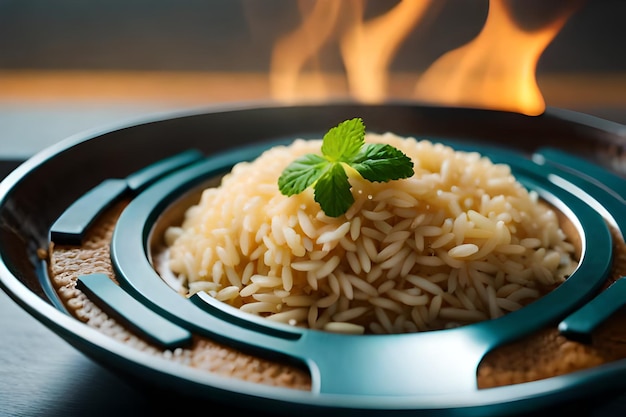 Una bandeja de arroz con una cucharada de menta