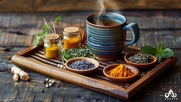 bandeja de bambú con taza de té humeante y especias variadas