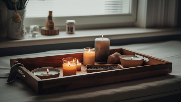 Foto bandeja de bañera de madera con velas gafas y taza de té en la habitación de luz generativa ai