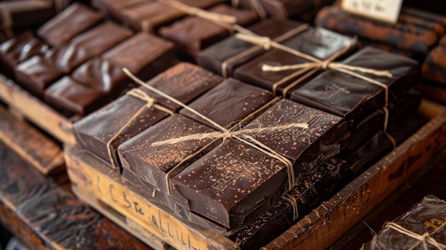 Una bandeja de barras de chocolate bellamente envueltas con etiquetas escritas a mano por sus creadores cada una una