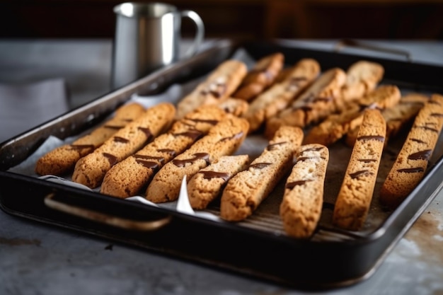 Bandeja de biscotti recién horneados listos para comer con una taza de café caliente creado con ai generativo