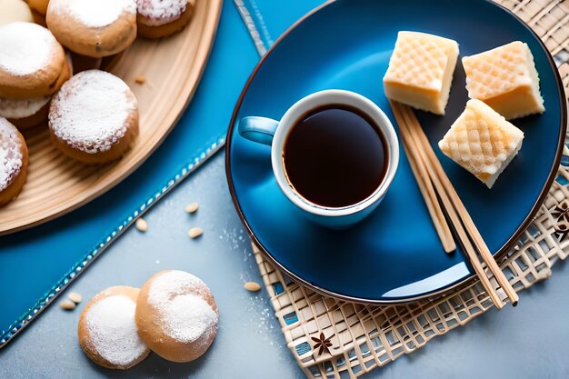 una bandeja de bollería con una taza de café y bollería en un plato azul.