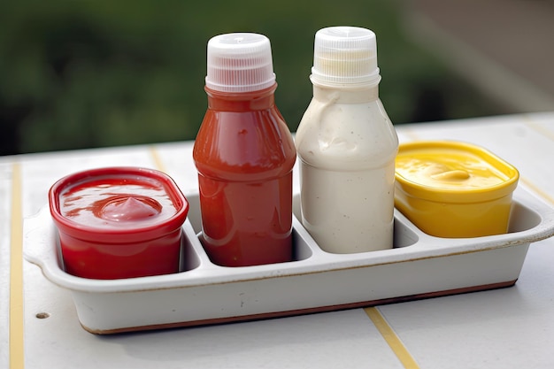 Bandeja de botellas de mayonesa y mostaza de ketchup para una comida rápida clásica