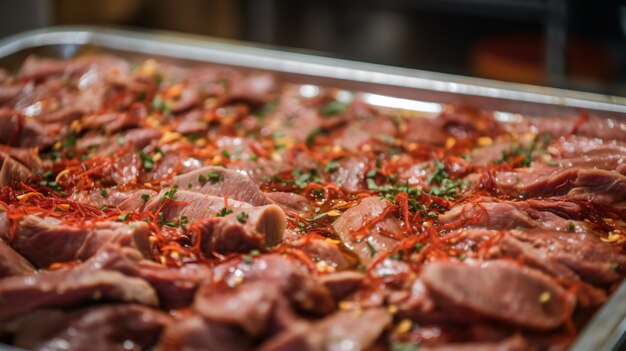 una bandeja de carne de cabra marinada que enfatiza la riqueza y el potencial de los platos salados