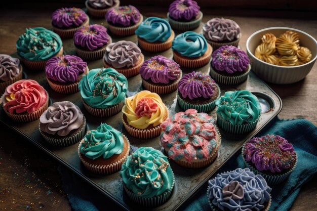 Bandeja de coloridos cupcakes sin gluten y veganos con remolinos y chispas creados con IA generativa