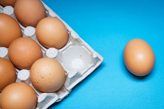 Bandeja com ovos marrons sobre um fundo azul, um ovo é separado