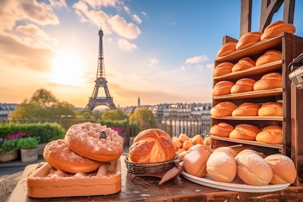 Bandeja com produtos de panificação no fundo da torre Eiffel em Paris França Generative AI