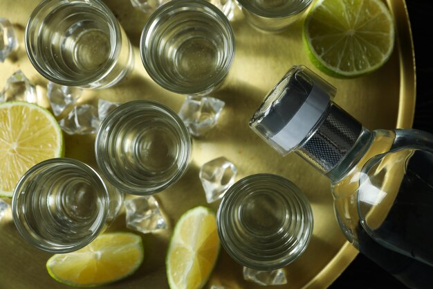 Bandeja com shots e garrafa de vodka, limão e gelo, vista de cima