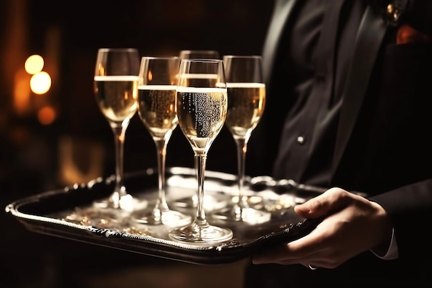 Bandeja com taças de champanhe nas mãos do garçom no restaurante para celebrar uma festa de luxo Generative AI