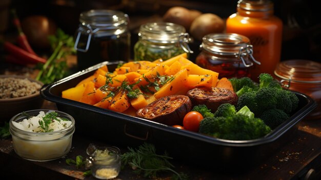 Foto bandeja com vegetais frescos e frutas em fundo de madeira preta em close-up