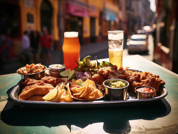 Una bandeja con comida callejera mexicana en la calle México Cocina nacional de primer plano bokeh en el fondo