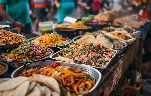Una bandeja con comida callejera mexicana en la calle México Cocina nacional de primer plano bokeh en el fondo