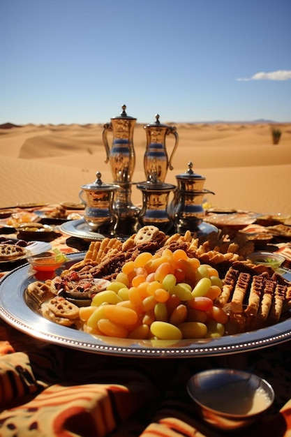 una bandeja de comida con un desierto en el fondo