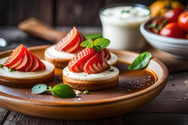 una bandeja de comida con fresas y crema