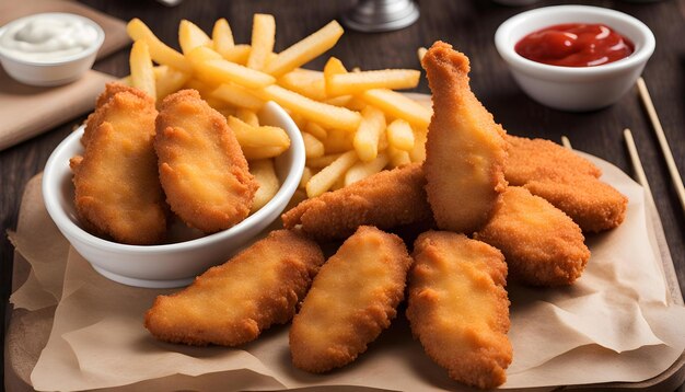 una bandeja de comida frita que incluye pollo frito, papas fritas y ketchup