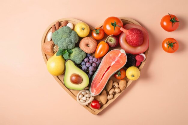 Una bandeja de comida con frutas y verduras en forma de corazón.