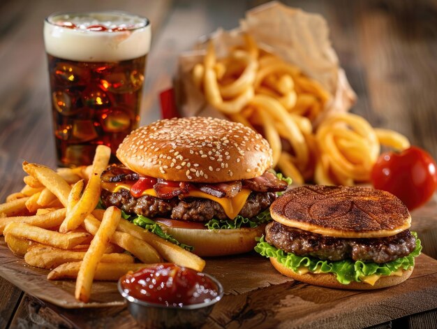 una bandeja de comida incluyendo una hamburguesa frita y un vaso de cerveza