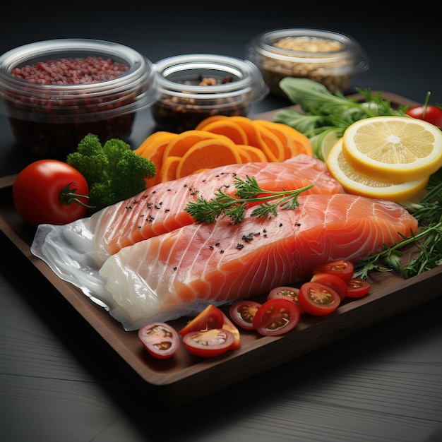 una bandeja de comida que incluye tomates salmón y otras verduras