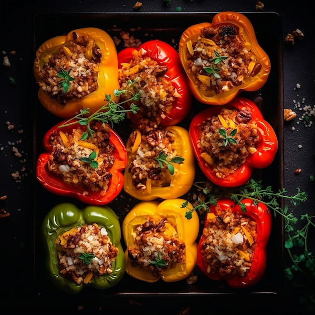 Una bandeja de comida saludable con pimientos rojos, amarillos y verdes rellenos en una fuente para hornear con gusto decorativo