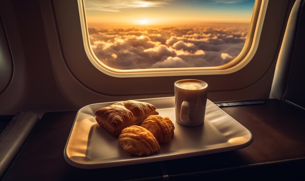 Una bandeja de comida con una taza de café y un croissant.