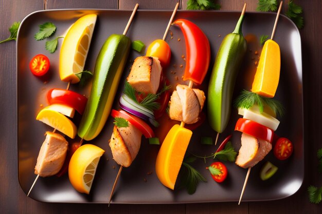 Foto una bandeja de comida con una variedad de verduras, como pollo, pimientos y cebollas.