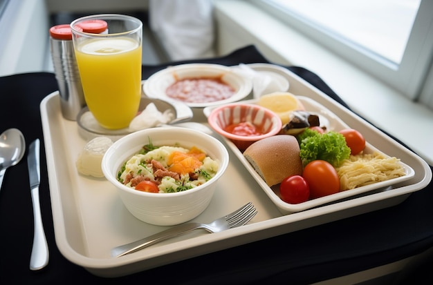 bandeja de comidas del hospital con variedad de alimentos