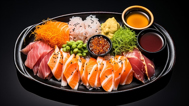 Una bandeja de condimentos de sushi que incluye jengibre encurtido y wasabi