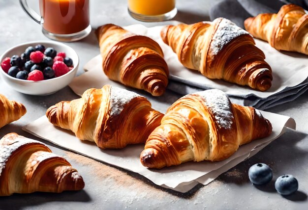 una bandeja de croissants con bayas y un plato de frutas