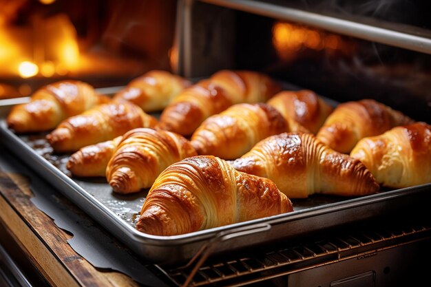 Una bandeja de croissants sin cocinar entrando en el horno