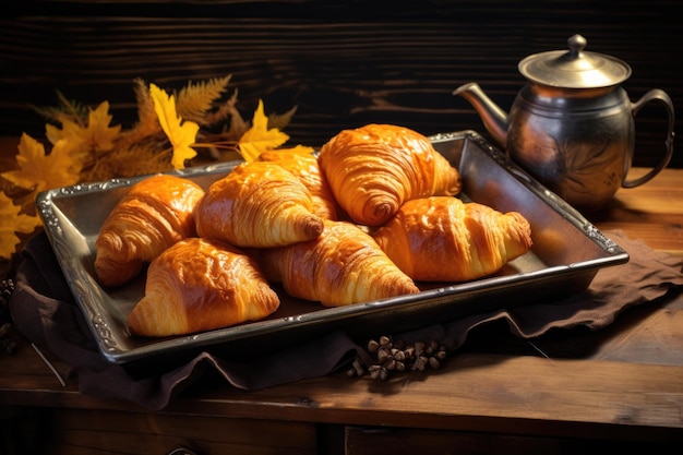 Una bandeja con croissants dorados en una mesa de madera rústica