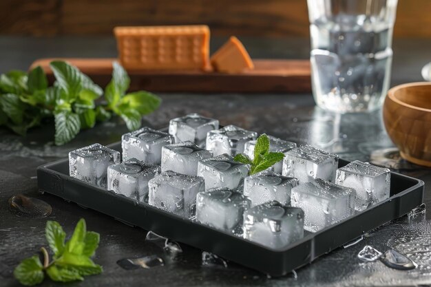 Una bandeja de cubitos de hielo y un vaso de agua en la mesa