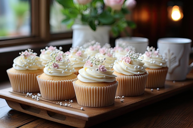 Bandeja para cupcakes delicados en IA generativa de luz suave