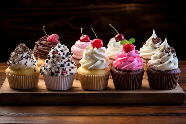 Una bandeja de cupcakes con diferentes sabores de fresas y nata.