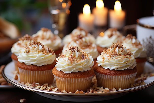 Bandeja de cupcakes de zanahoria con queso crema y nueces generativa IA