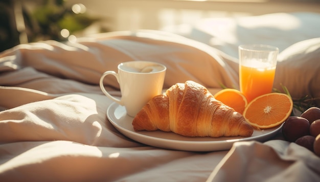 Bandeja de café da manhã com croissants de suco de laranja e leite no quarto
