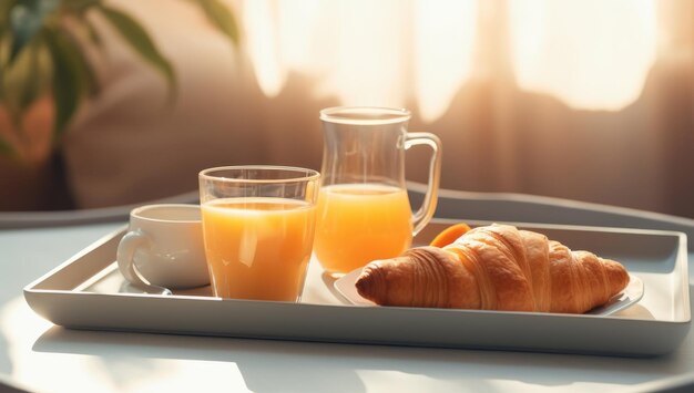 Bandeja de café da manhã com croissants de suco de laranja e leite no quarto