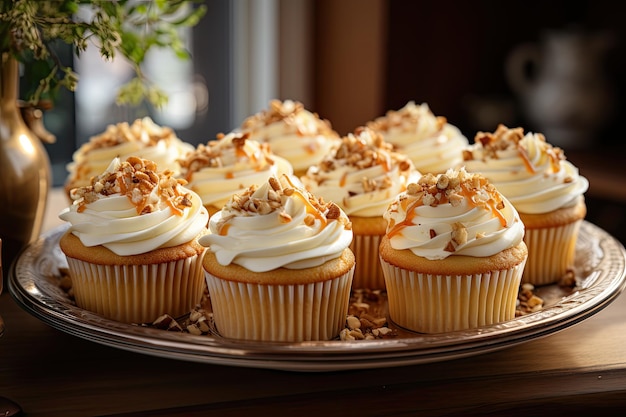 Bandeja de cupcakes de cenoura com cream cheese e nozes generative IA