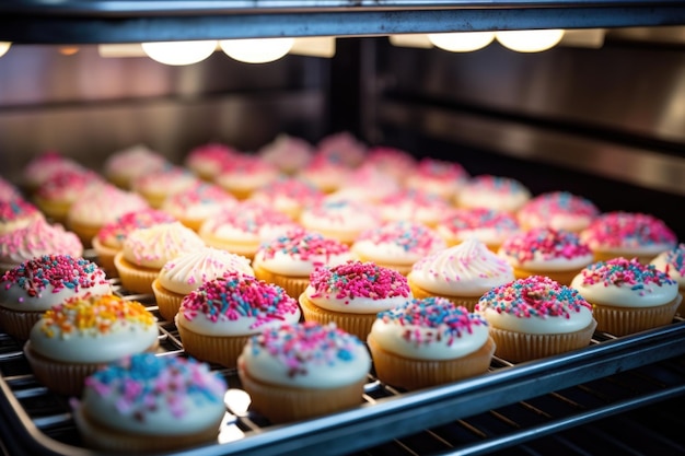 Bandeja de cupcakes na frente de um forno de padaria