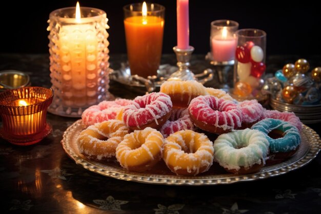 Foto bandeja de donuts de gelatina e velas de hanukkah em uma mesa