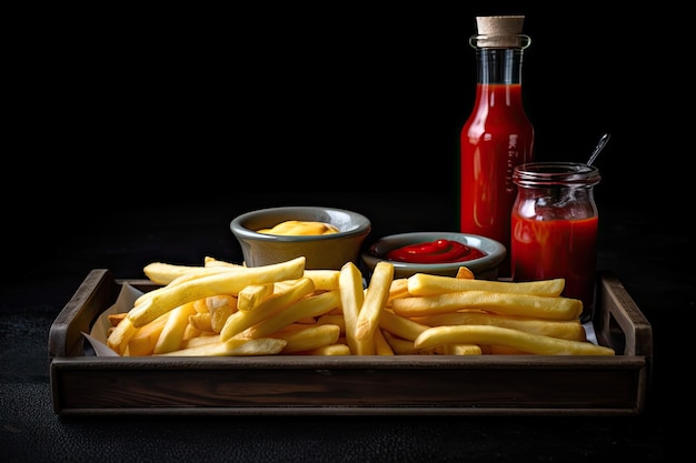 Bandeja de ketchup mostarda e maionese ao lado de uma pilha de batatas fritas gordurosas em fundo preto