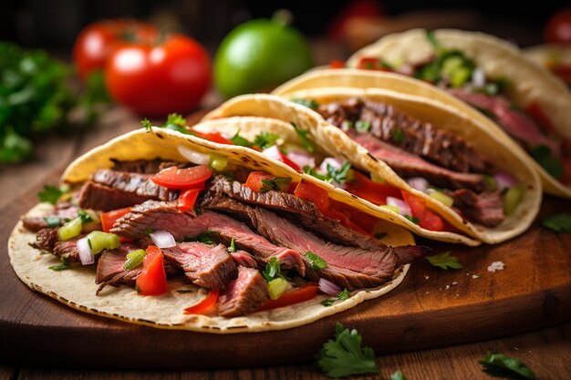 Bandeja de madeira com tacos de carne asada em tortilha de milho