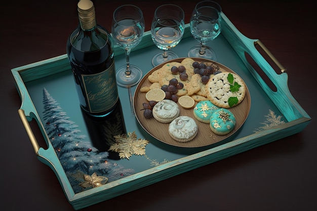 Bandeja de natal com biscoitos e caixa de música para vinho cama de agulha criada com ai generativa