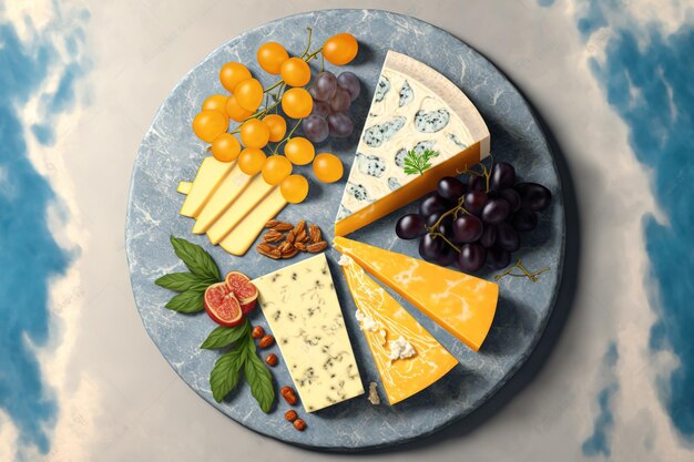 Bandeja de queijo na superfície de mármore com queijo cheddar azul orgânico
