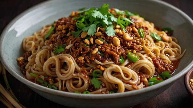 Foto una bandeja de deliciosos fideos dan dan con fideos masticables y guarniciones frescas