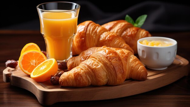 Foto bandeja de desayuno con croissants y jugo de naranja