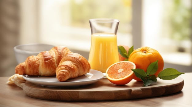 Foto bandeja de desayuno con croissants y jugo de naranja