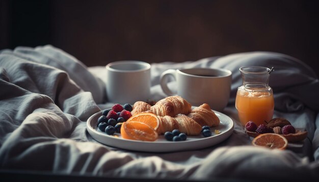 Bandeja de desayuno fresca en una cama rústica de madera generada por IA