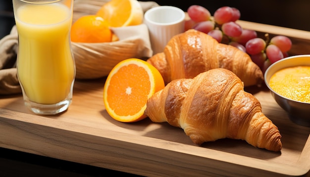 bandeja de desayuno con jugo de naranja