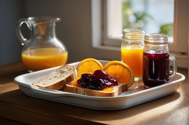 Una bandeja de desayuno con tostadas de jugo de naranja y ja